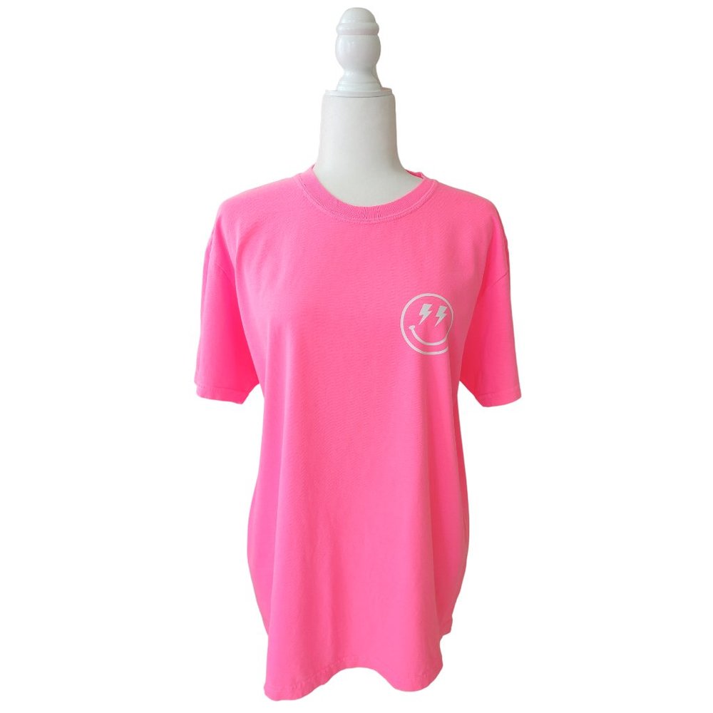 Neon Pink Smiley Face Checkerboard Lightning Bolt T-Shirt - Picture 9 of 10